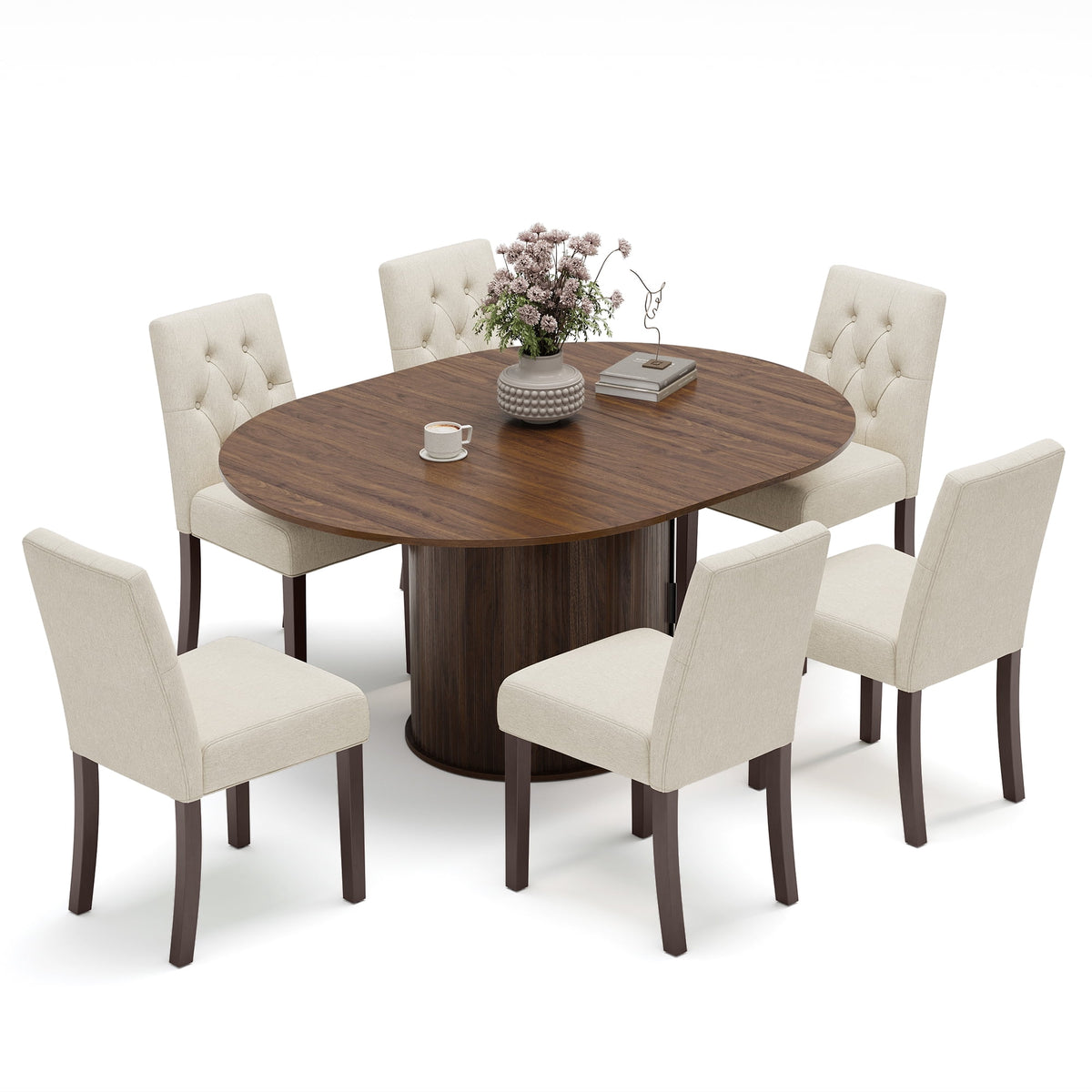 EOP 7-Piece Extendable Dining Table Set for 6, 47"-63" Wood Kitchen Table with 6 Upholstered Chairs, Space-Saving Drop Leaf Kitchen Table for Dining Room, Small Space