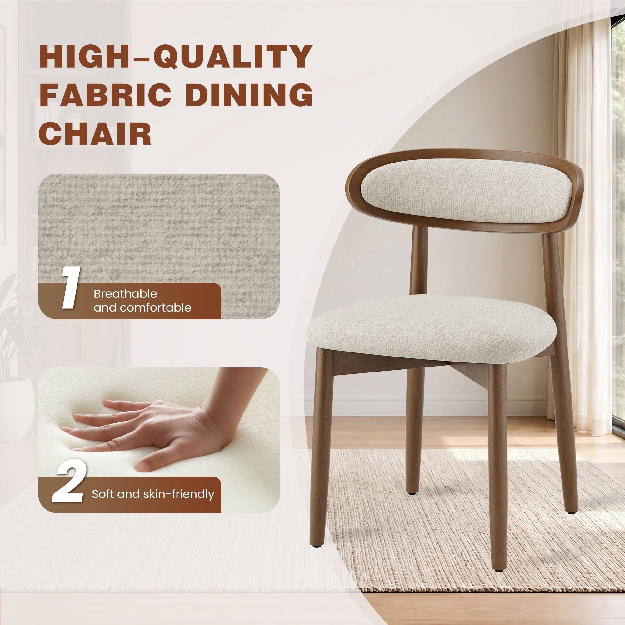 EOP Upholstered Dining Chairs Set of 2, Farmhouse Modern Fabric Wooden Dining Room Chair with Curved Back, Kitchen Side Chairs for Restaurant, Living Room, Beige