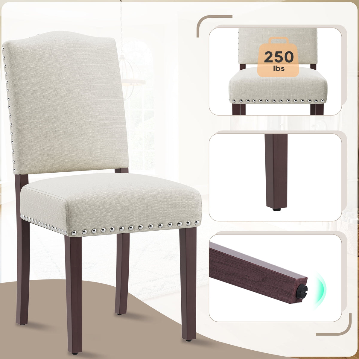 EOP Mid-Century Modern Upholstered Dining Chairs Set of 2, Farmhouse Fabric Kitchen & Dining Room Chairs with Extra Padded Seat, Ideal for Living Room, Restaurant, Beige