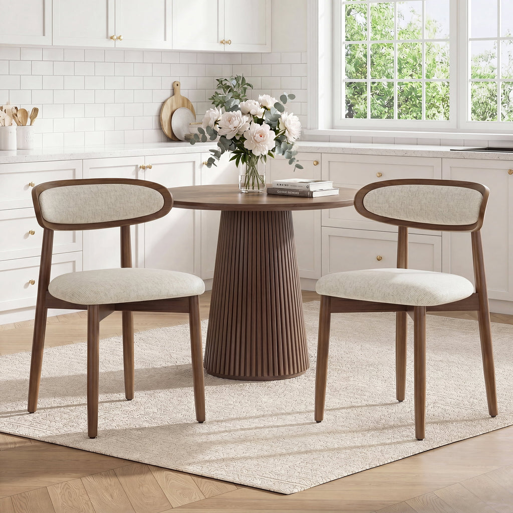 EOP Upholstered Dining Chairs Set of 2, Farmhouse Modern Fabric Wooden Dining Room Chair with Curved Back, Kitchen Side Chairs for Restaurant, Living Room, Beige