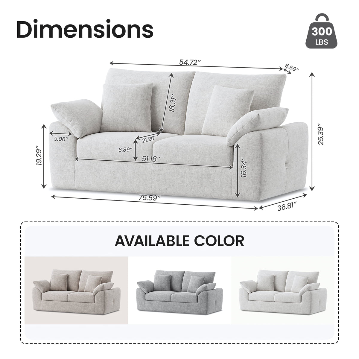 EOP 76" Wide Loveseat Sofa, 2-Seater Sofa with 4 Pillows, Upholstered Sofa Couch for Living Room and Small Spaces, Beige