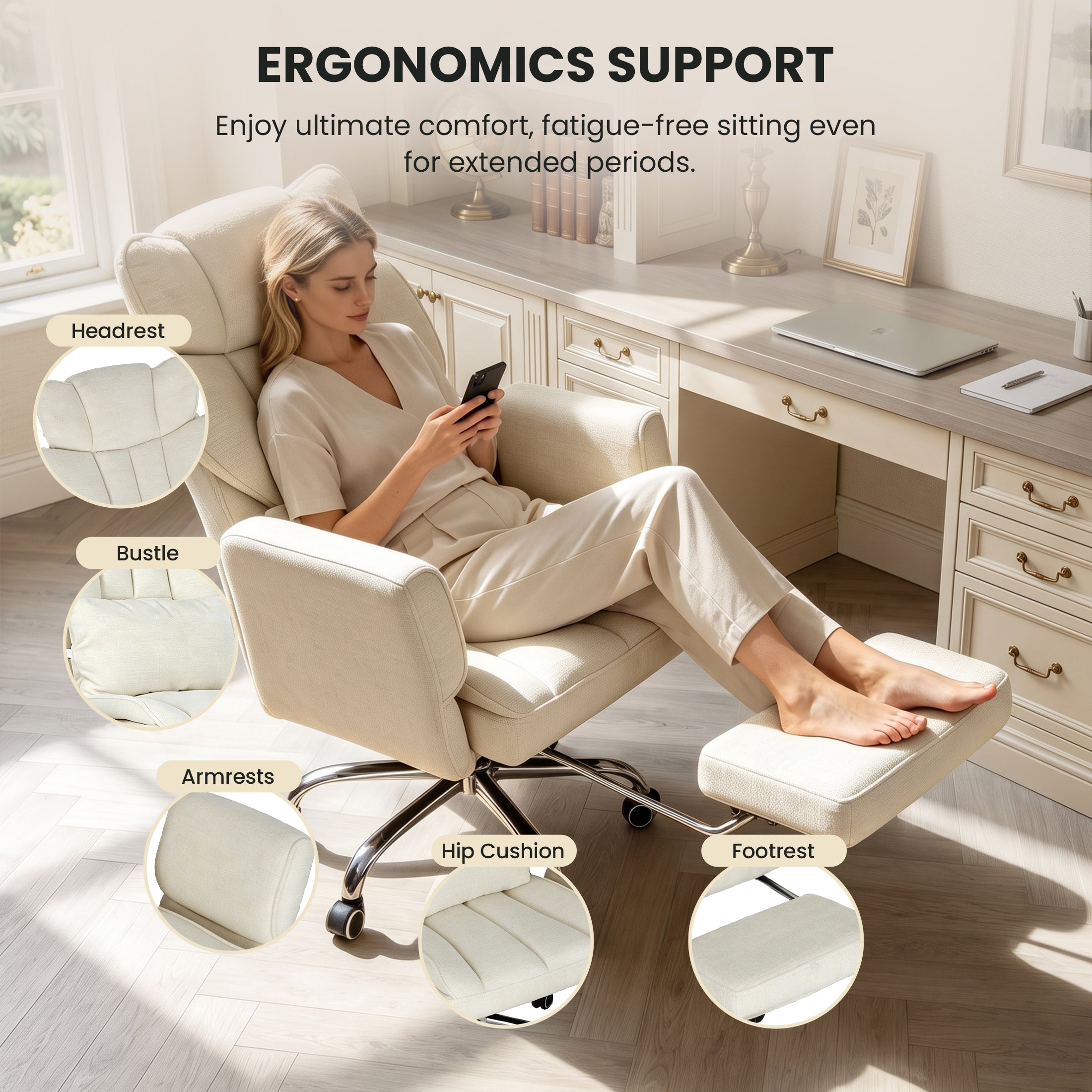 EOP Office Chair, Swivel Ergonomic Large Desk Chair with Adjustable Backrest and Footrest, Flip Armrests Home Executive Office Chair for Work, Gaming, Beige
