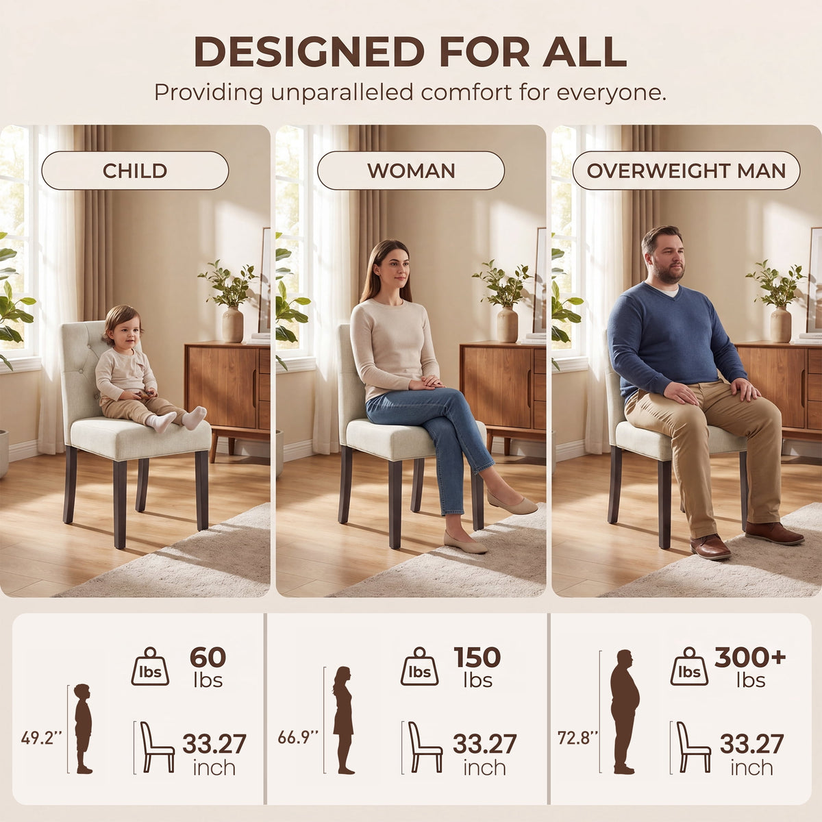 EOP Dining Chairs Set of 2, Modern Upholstered Fabric Dining Room Chairs, Armless Kitchen Side Chairs with Wood Legs and Padded Seat for Living Room, Bedroom, Kitchen, Beige
