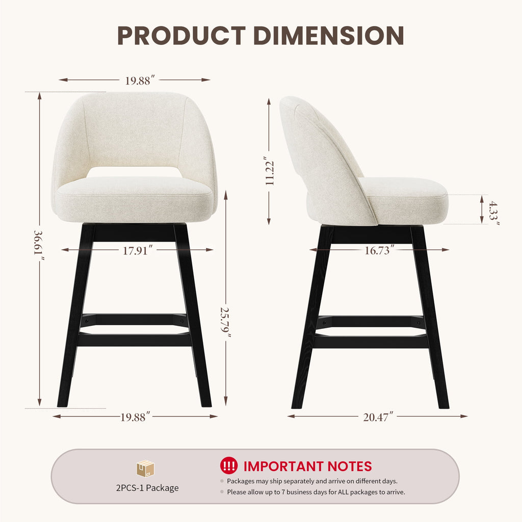 EOP 26'' Swivel Counter Height Bar Stools Set of 2, Modern Upholstered Bar Stools with Curved Back and Solid Wood Legs, Bar Chairs for Kitchen Island Home Bar, Beige