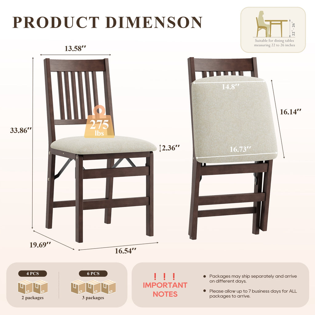 EOP Folding Dining Chairs Set of 2, Wooden Foldable Dining Room Chairs for Kitchen & Small Spaces, Mid Century Modern Upholstered Kitchen chairs, No Assembly Required, Beige