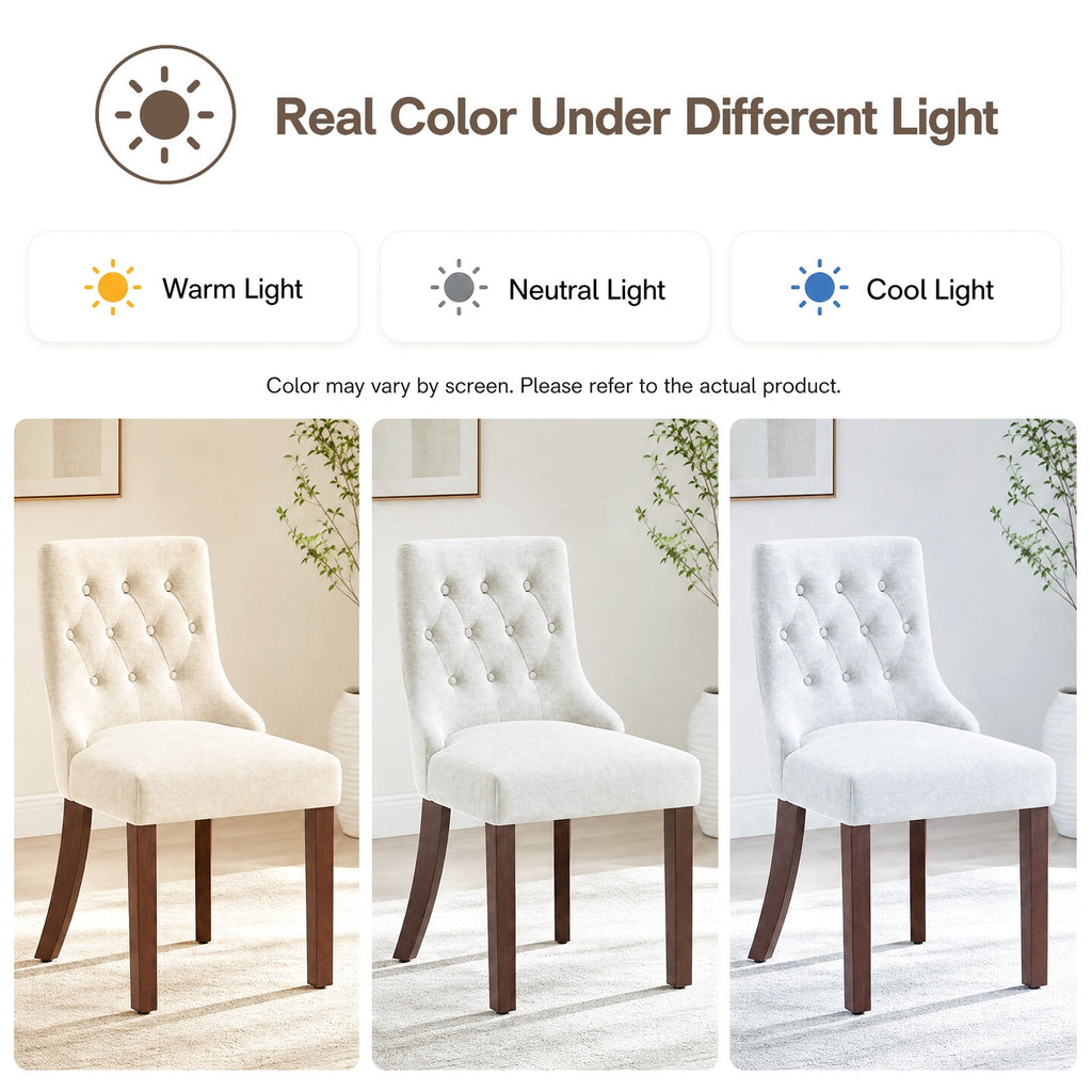 EOP Mid Century Modern Dining Chairs Set of 2, Farmhouse Upholstered Kitchen Chairs with Solid Wood Legs and Button Tufted for Dining Room, Beige