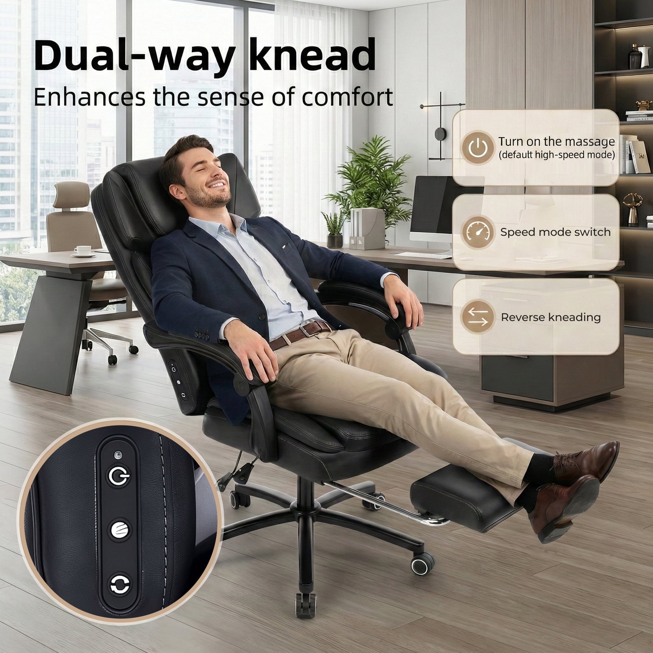 EOP Big and Tall Office Chair with Footrest, Heated Massage Faux Leather Computer Chair with 3D Linkage Armrests and Lumbar Pillow, Black